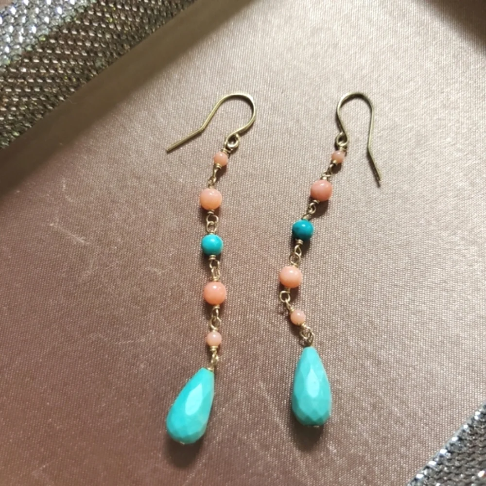 14k Gold Turquoise and Coral Earrings - Picture 2 of 6